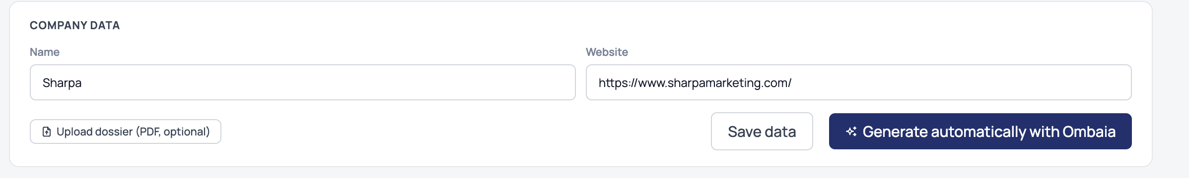 Ombaia company setup: paste your website URL and generate your company context automatically, which then feeds every module.